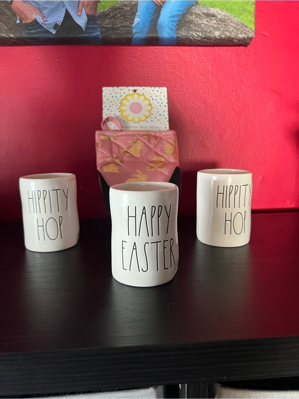Rae Dunn Happy Easter White Ceramic Holiday Votive Set with 2 hand mitts READ